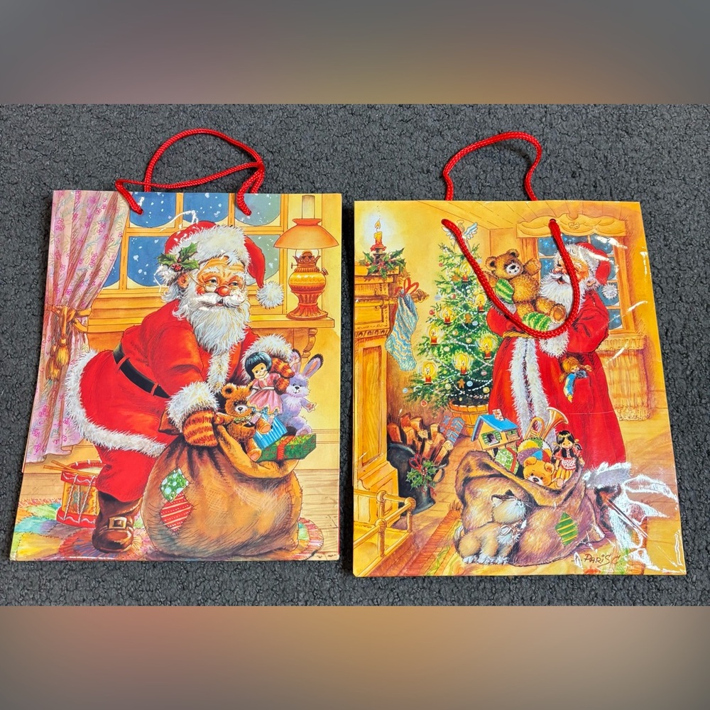 Lot of 2 Vintage Renaissance Christmas Santa Gift Bags 10.5” x 13” x 5.5”